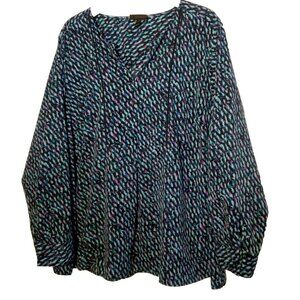 Lane Bryant Blouse Plus Size 26/28 Blue Purple V Neck Roll Tab Sleeve Shirt